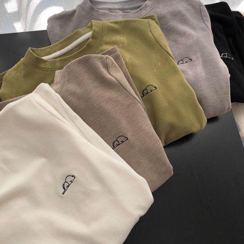 Dámský sametový top s dlouhým rukávem s výšivkou slona - Kulatý výstřih, Volný střih