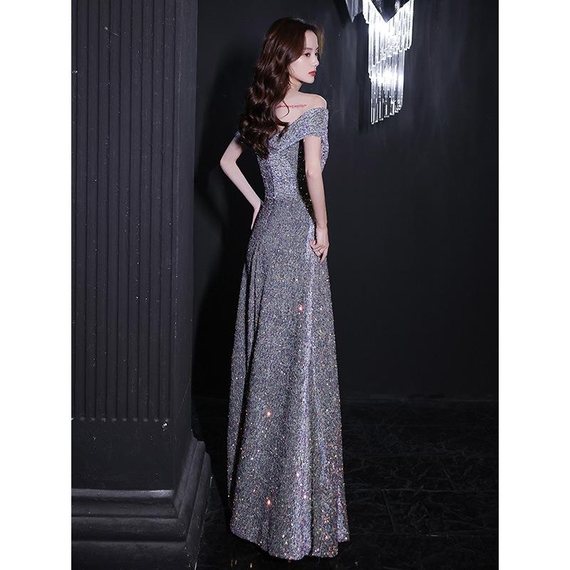 Banquet Evening Dress Dress Women's 1011 New Summer Sequins Dinner Temperament Annual Meeting Host One-word Shoulder Dress