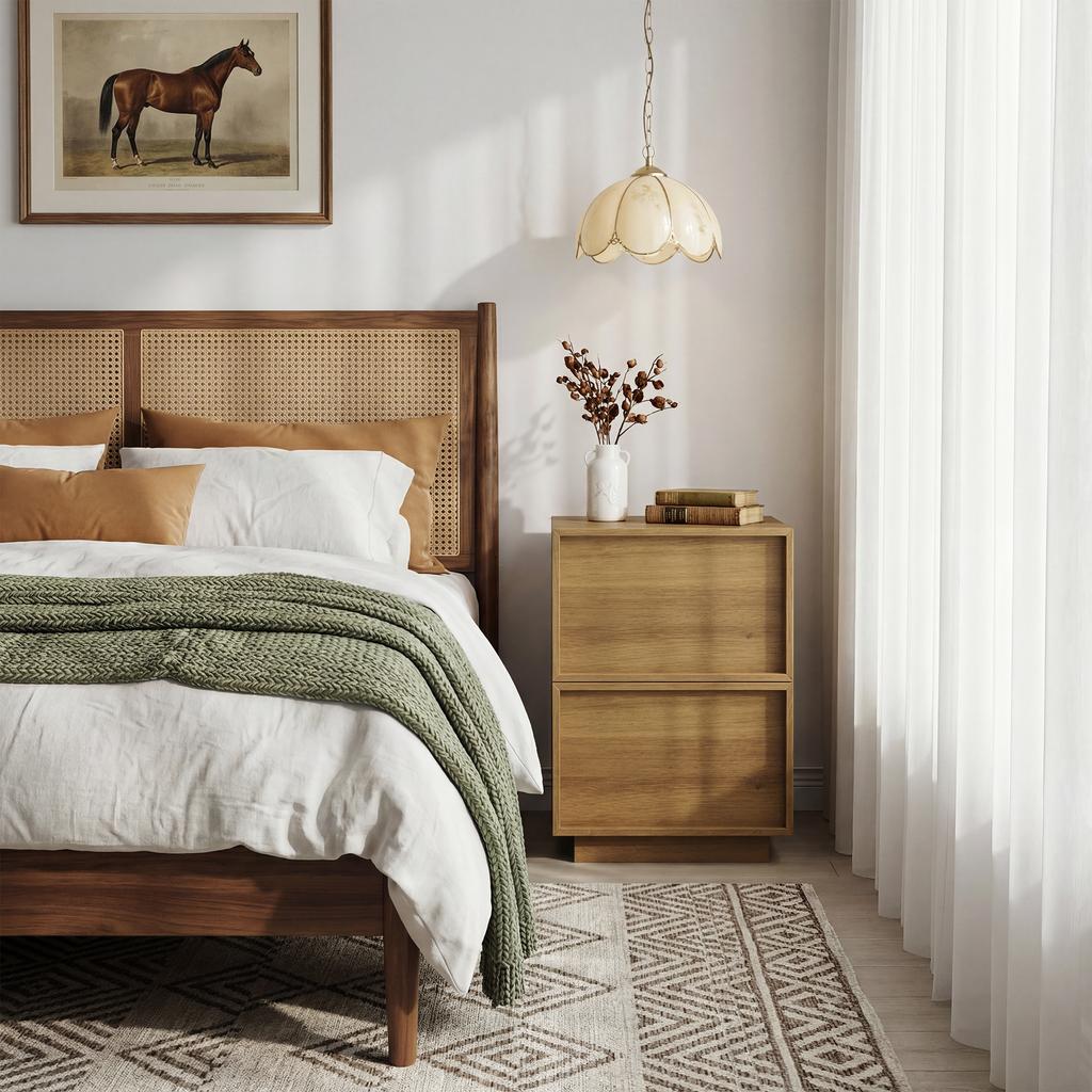 Mid-Century Modern Nightstand made of Oak, 38 x 48x 50 cm, Bedroom Nightstand, Handleless Drawer Design, 1 Piece.