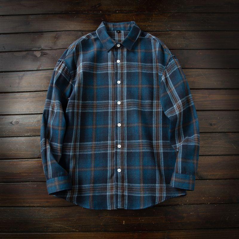 Japan fashion Order! Soft Glutinous Color Grid Sanding! Four Seasons Men Lapel Loose Casual Long sleeve Shirts Top Outerwear