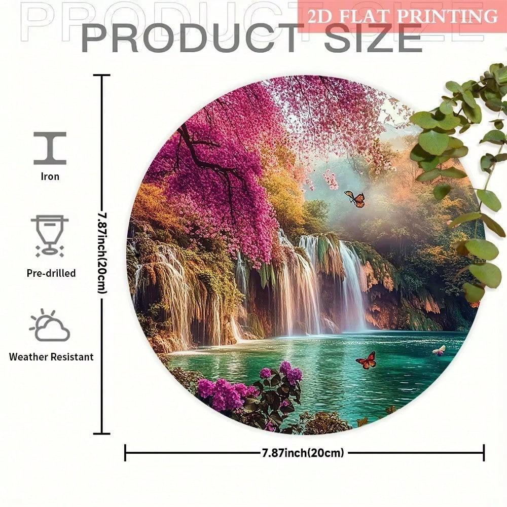 Spring Waterfall Metal Poster, Butterfly Flowers Wall Art for Living Room