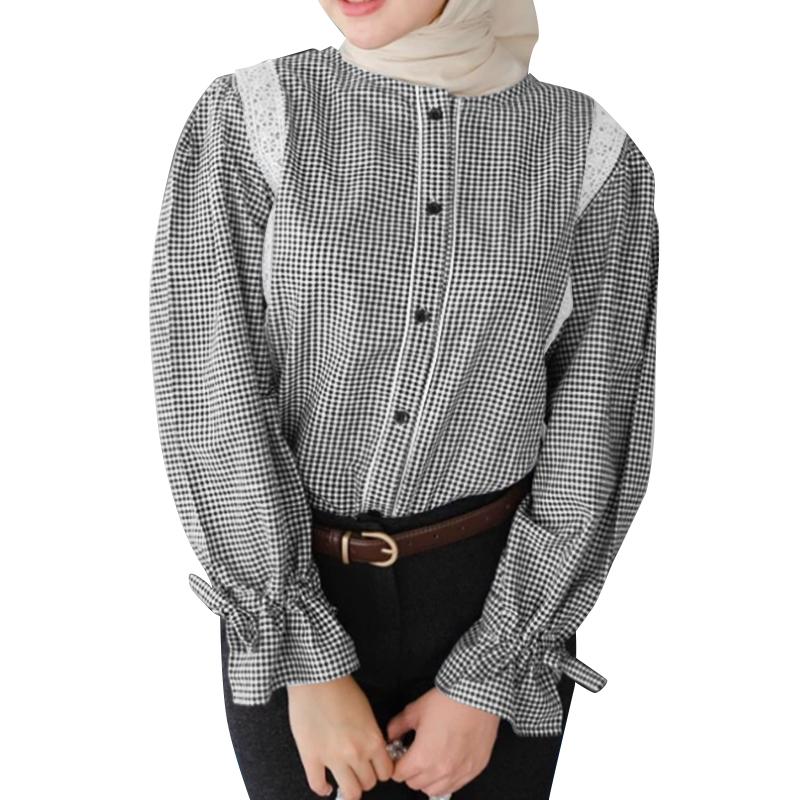 ZANZEA Women Lace Patchwork Casual O-neck Long Sleeve Grid Blouse