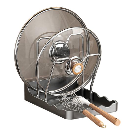 Countertop Pot Lid Holder Pan Lid Storage Rack with Drain Tray Pot Lid Stand with Spoon Rest While Cooking Kitchen