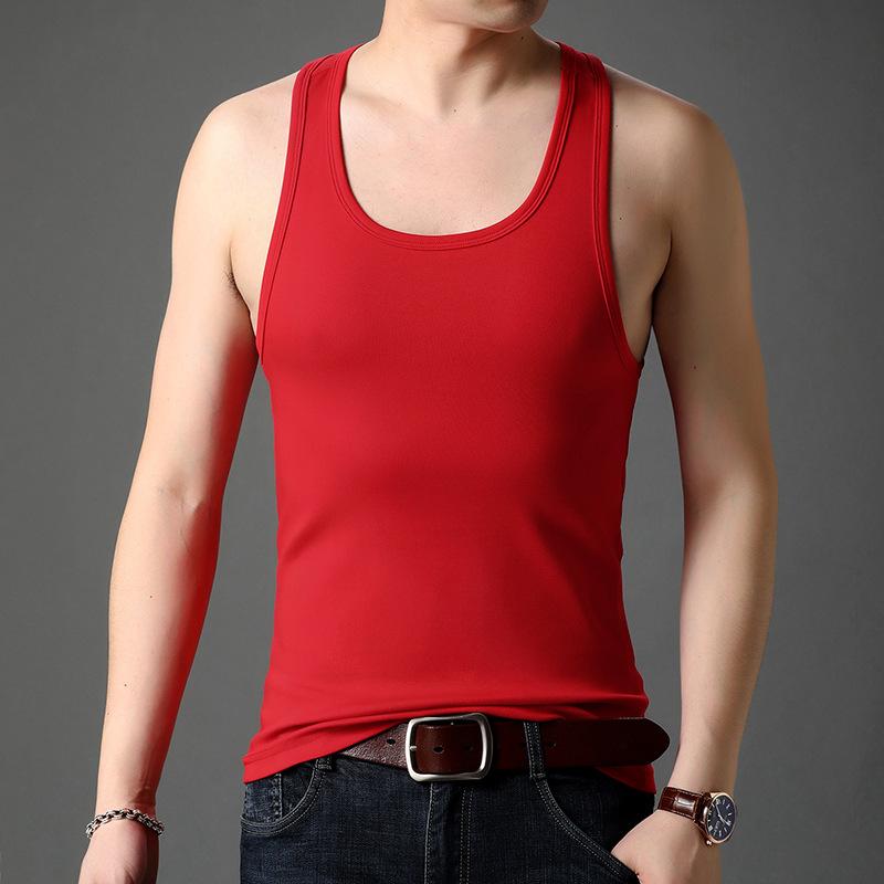 Heren Vest Fitness Sneldrogend Sport Naadloos Strakke Basis Onderhemd Zomer Mouwloos Binnenkleding T-shirt Heren L red