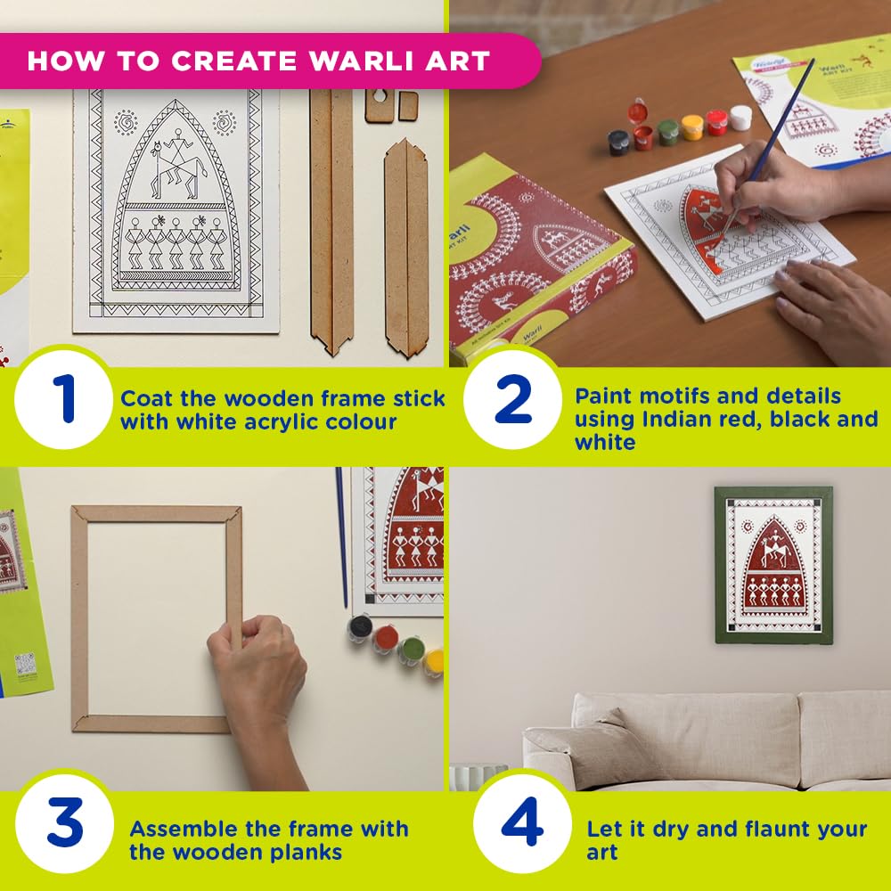 Fevicryl Warli Mini Kunst-Set DIY Holzbrett Acrylfarben Pinselset Packung mit 1 Kreatives Bastelset für Zuhause Schule Geschenke