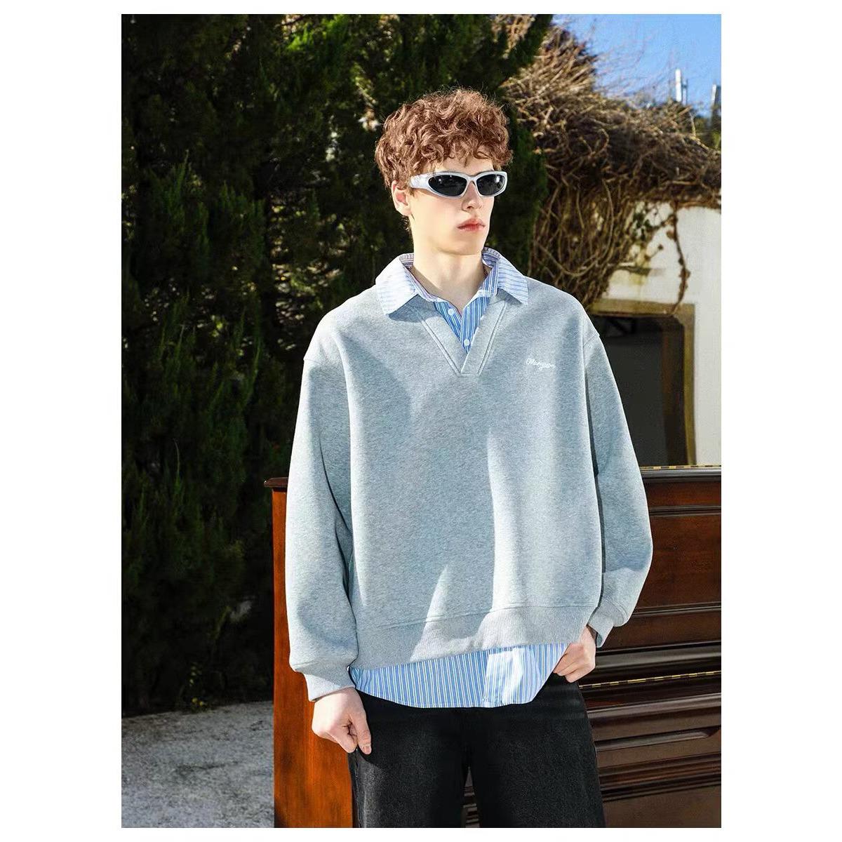 Men s Heather Grey Faux Two-Piece Long-Sleeve Polo Shirt, Shirt Collar, Heavyweight Trendy Sweatshirt. 2XL