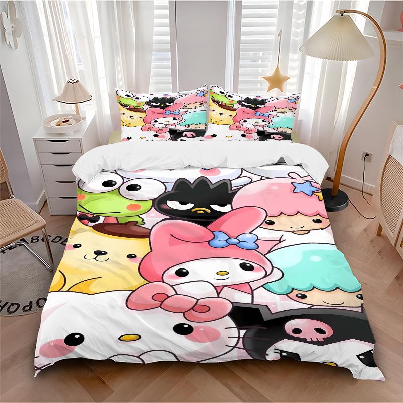 3pcs My Melody & Friends Quilt Cover Set (1 Quilt Cover + 2 Pillowcases Without Pillow Core), High-Definition Printing for Home and Dormitory.W06