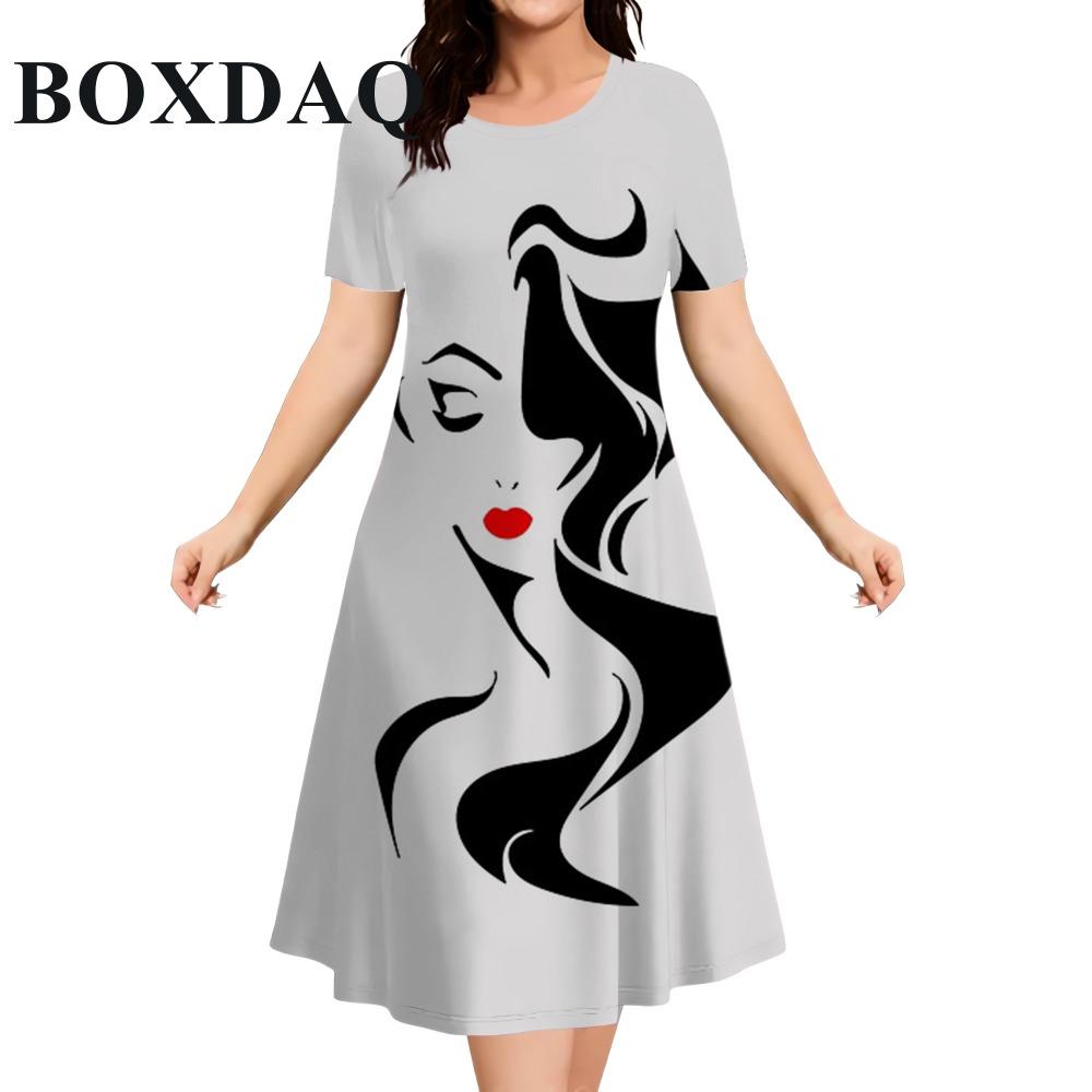 Women's Short Sleeve O-Neck Painting Face Abstract Print Dress 2026 Summer New Loose Plus Size Mini Dresses Ladies Fashion Dress