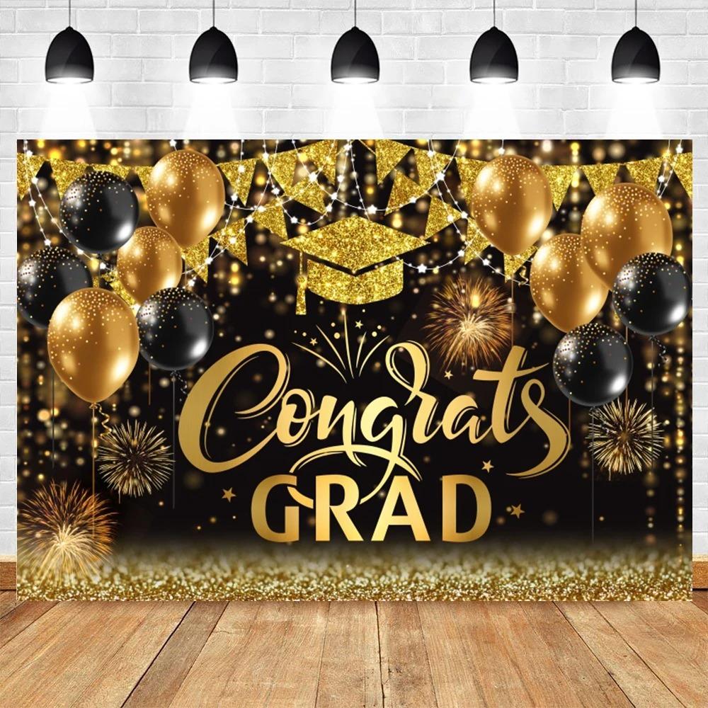 Golden Flash Black Balloon Banner Photography Background Cloth, Congratulations Graduation Ceremony Evening Photography Backdrop