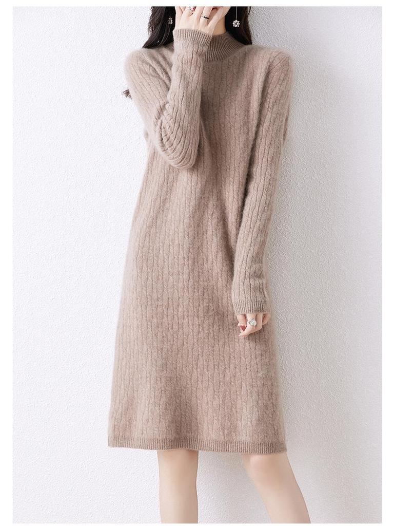 Women's High Neck Knitted Wool Dress - Slimming and Warm for Autumn/Winter