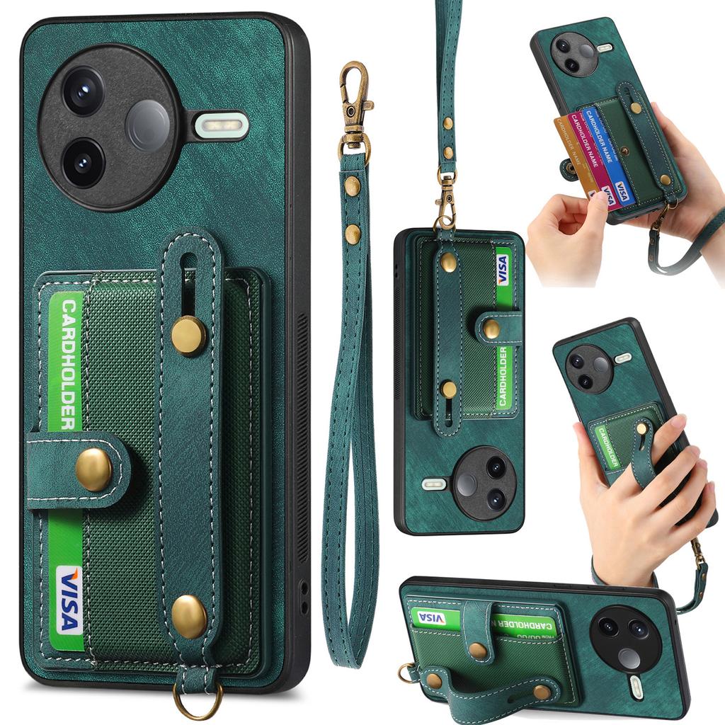 For Xiaomi Poco F7 Pro 5G/Xiaomi Redmi K80 5G Retro PU Leather Back Cover with Card Holder and Wristband Kickstand