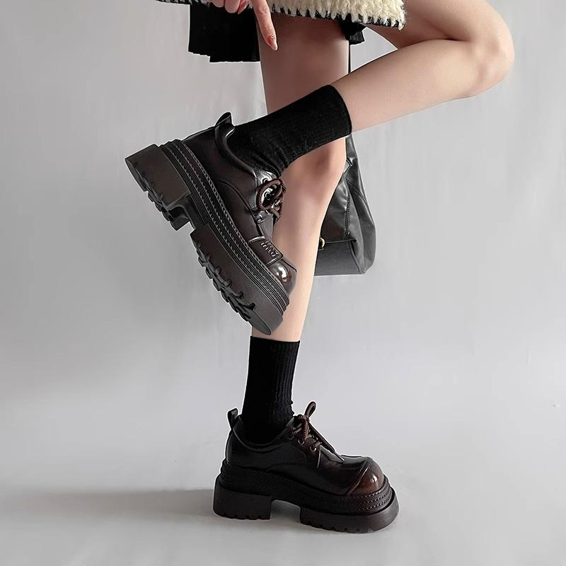 British Style Platform Loafers Women's 2025 Spring New Small Leather Shoes Lace-up Thick Heel Small Height Increase Single Shoe Trend
