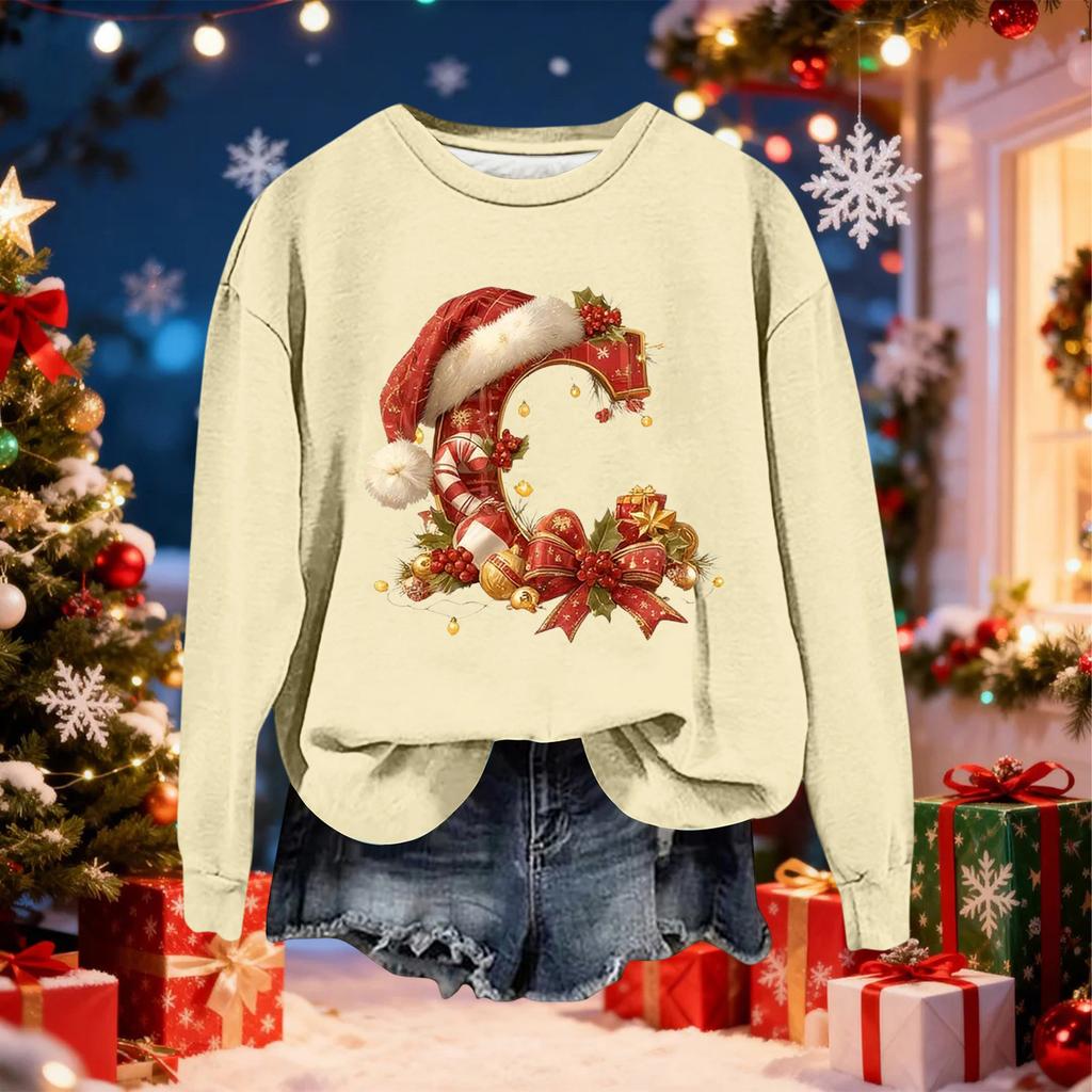 Women's Fashionable Casual Long-Sleeved Christmas Letter Print Crew-Neck Sweatshirt