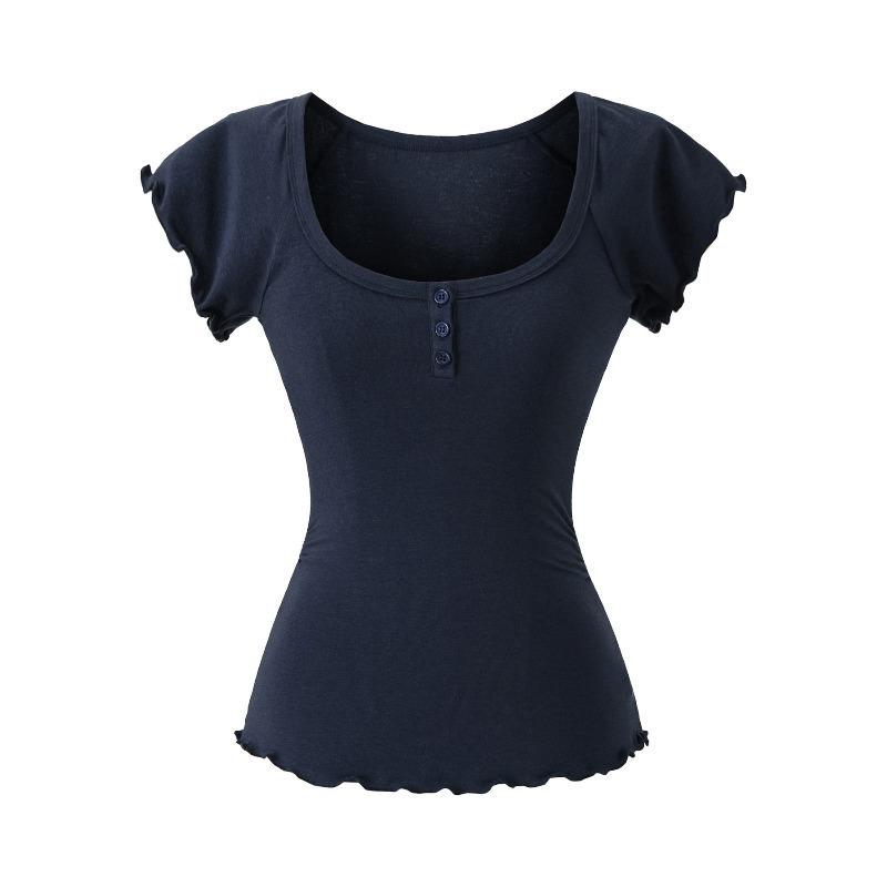 Korean niche design sense U-neck short-sleeved T-shirt for women, summer new button lace slim-fitting and thin top trendy