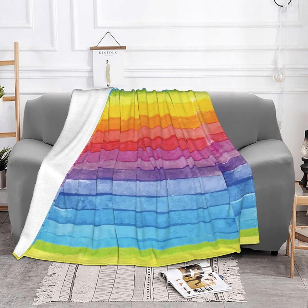 Watercolor Rainbow Stripe Print Flannel Blanket Bright Gradient Soft Warm Throw Blanket Sofa Bed Modern Home Decor Gift