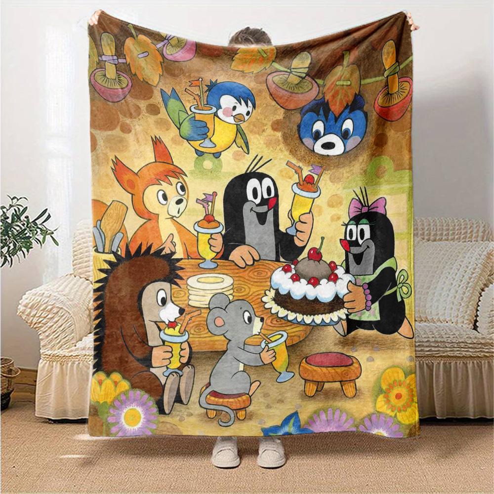 Little Mole Cartoon Animal Party Scene Print Flannel Blanket Soft Warm Throw Blanket for Sofa Bed Living Room