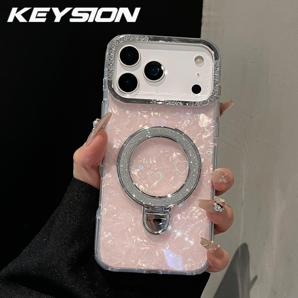 

KEYSION Магнитный чехол с текстурой ракушки, инкрустированный драгоценными камнями, для iPhone 14 15 17 Pro Max Air 16Plus, противоударный бронированный чехол-накладка с кольцом-подставкой for iPhone 16 Pro