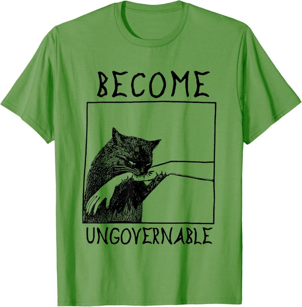 Become Ungovernable Biting Cat Meme Graphic Tee Cotton Casual Crewneck T-Shirt for Daily Wear
