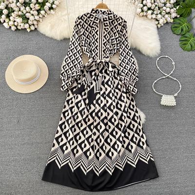 Spring Autumn Women Vintage Print Long Maxi Holiday Beach Dresses Fashion Full Sleeve Lapel Party Dress