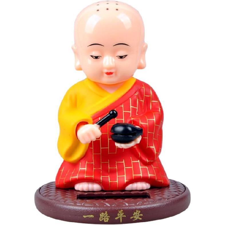 PRETYZOOM Little Monk Figurine, Solar-Powered Monk Ornament Car Dashboard Decoration, Plastic Monk Buddha Statue Bobble Head Toy for Home Office