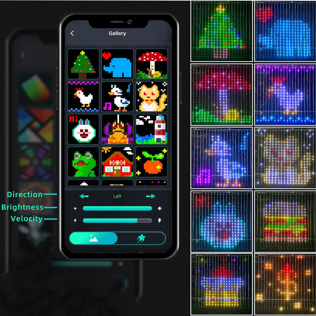 400LEDs RGBIC Smart Curtain Light Bluetooth App DIY Music Change GIF Animation Picture Display Fairy Garland String Home Decor