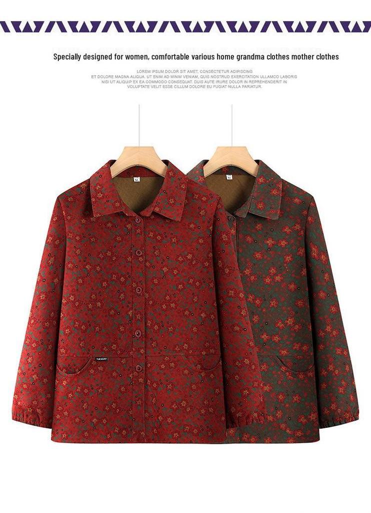 Plus Size Floral Print Long-Sleeve Jacket for Middle-Aged & Elderly Women - Casual Spring/Autumn Lapel Top