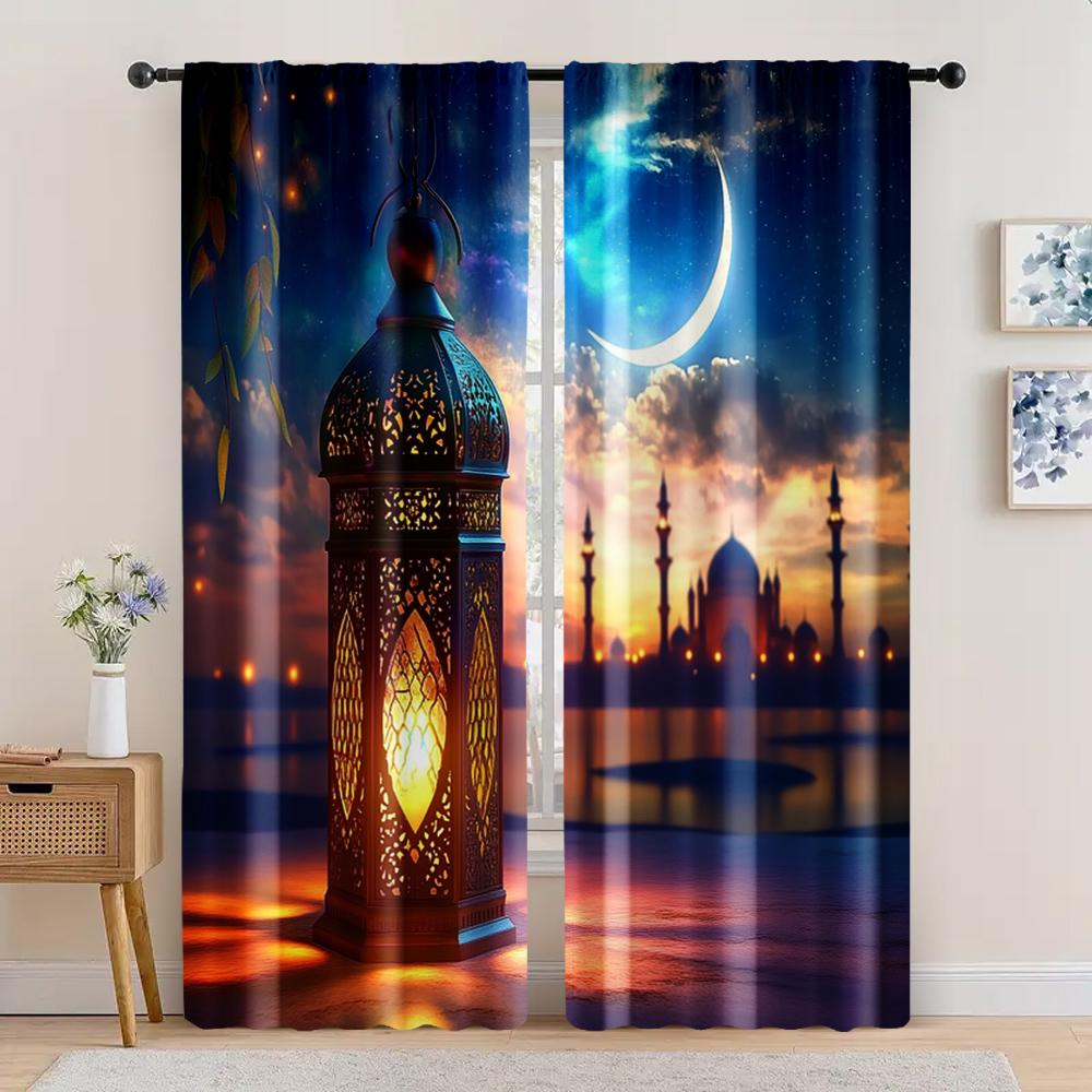 

2 шт., Праздничная занавеска фон для Рамадана мусульманский святой месяц луна арабский фонарь луна фон для фотосъемки украшения для вечеринки фотобудка 29x65in(75x166cm)