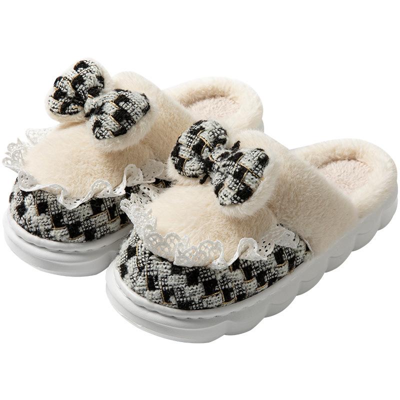 Cartoon bow wool slippers autumn and winter home living room bedroom warm fleece soft bottom lightweight cotton slippers