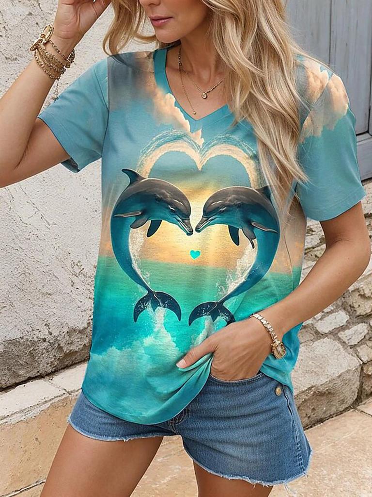 Women's T-Shirt Oversized Retro Printed Short-Sleeved V-Neck Fashion Casual Top Street Breathable Summer Women's Clothing