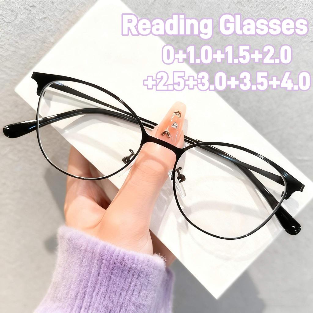 Korean Style Small Reading Glasses For Women New Fashion Cat Eye Far Sight Eyeglasses Unisex Stylish Anti Blue Light Eyewear+4.0