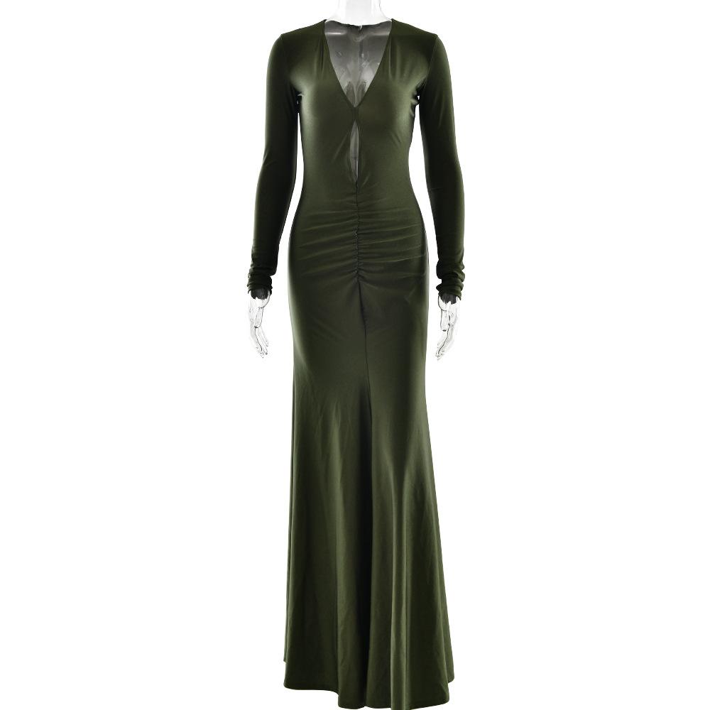 European and American fashion sexy pleated hollow slim dress, new long-sleeved deep V-neck hip-wrapped dress