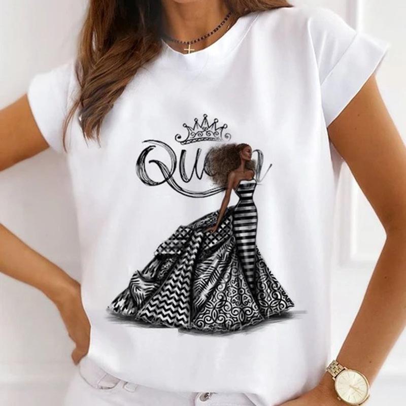 Camiseta de Verano de Cuello Redondo con Estampado 3D de Patrón de Reina, Camisetas de Mujer Casuales de Moda de Manga Corta
