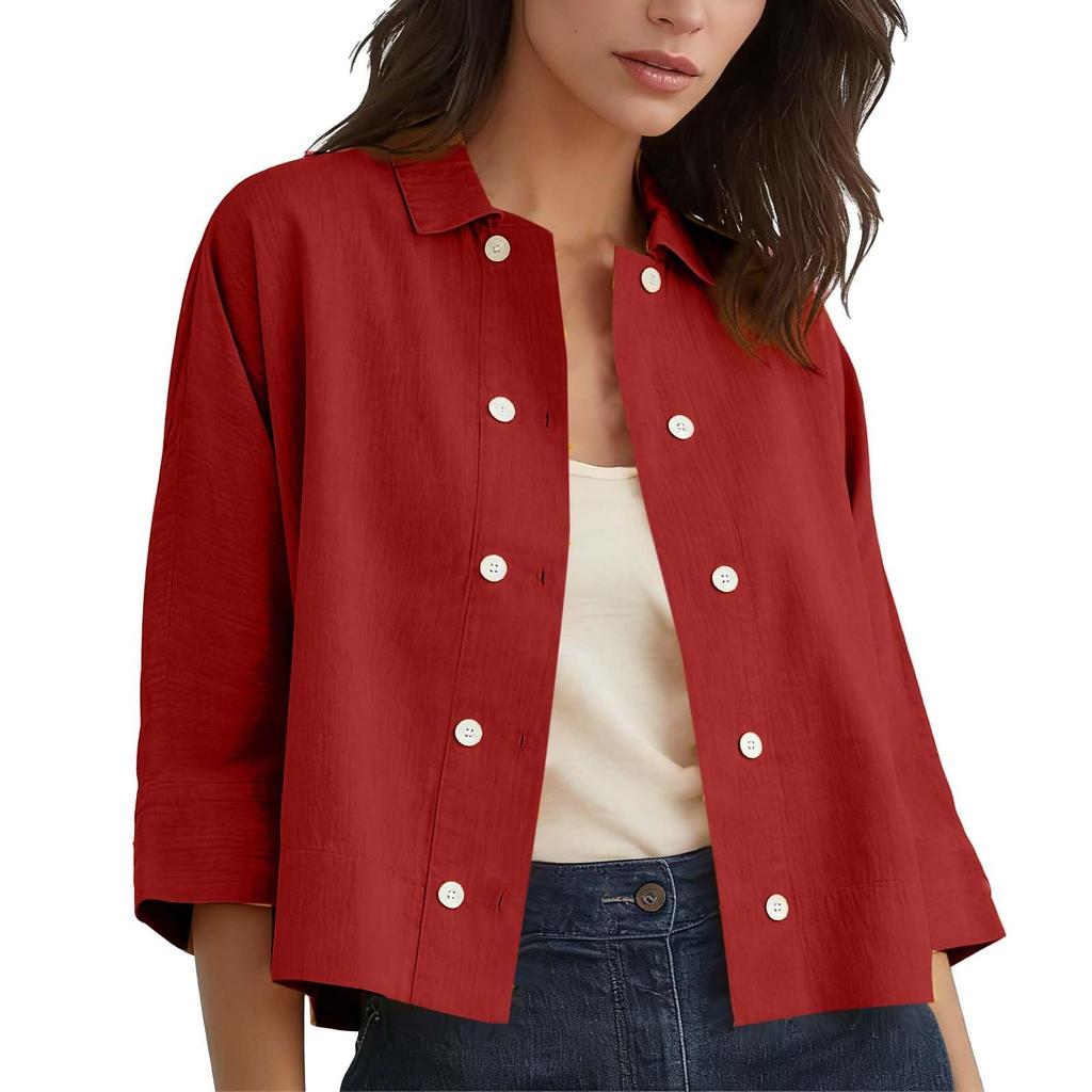 Women's Fashion -Color Cotton And Linen Double-breasted Short Half-sleeved Cardigan Top