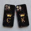 Crown Letter A To Z Phone Case For Iphone 16 13 14 15 Pro Max 11 12 8 7 Plus SE20 X XR XS Marble Pattern Black Shockproof Cover