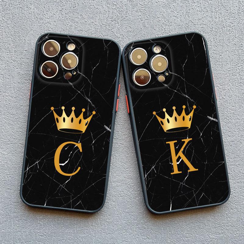 Crown Letter A To Z Phone Case For Iphone 16 13 14 15 Pro Max 11 12 8 7 Plus SE20 X XR XS Marble Pattern Black Shockproof Cover
