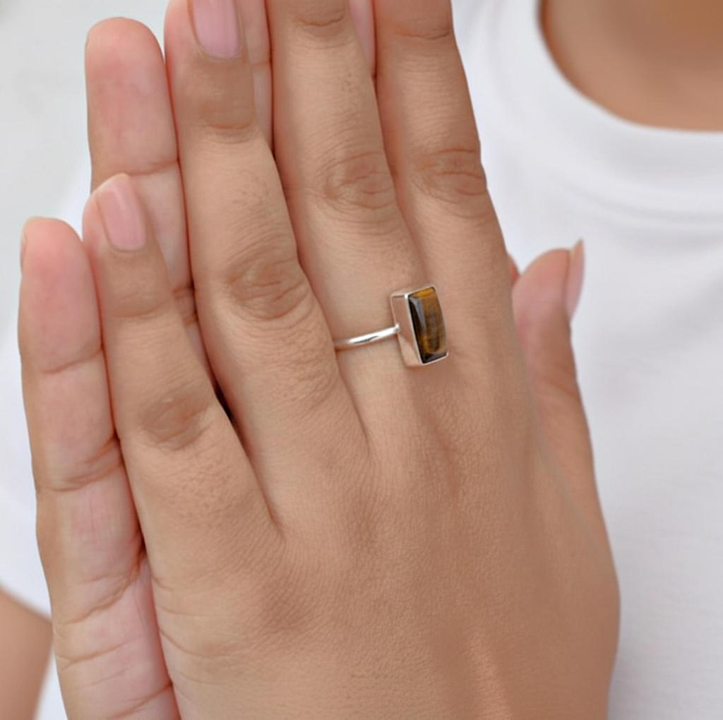 Tiger Eye Rectangular Cabochon Stacking Ring, 925 Sterling Silver, Minimalist Simple Everyday Ring, Gift for Her