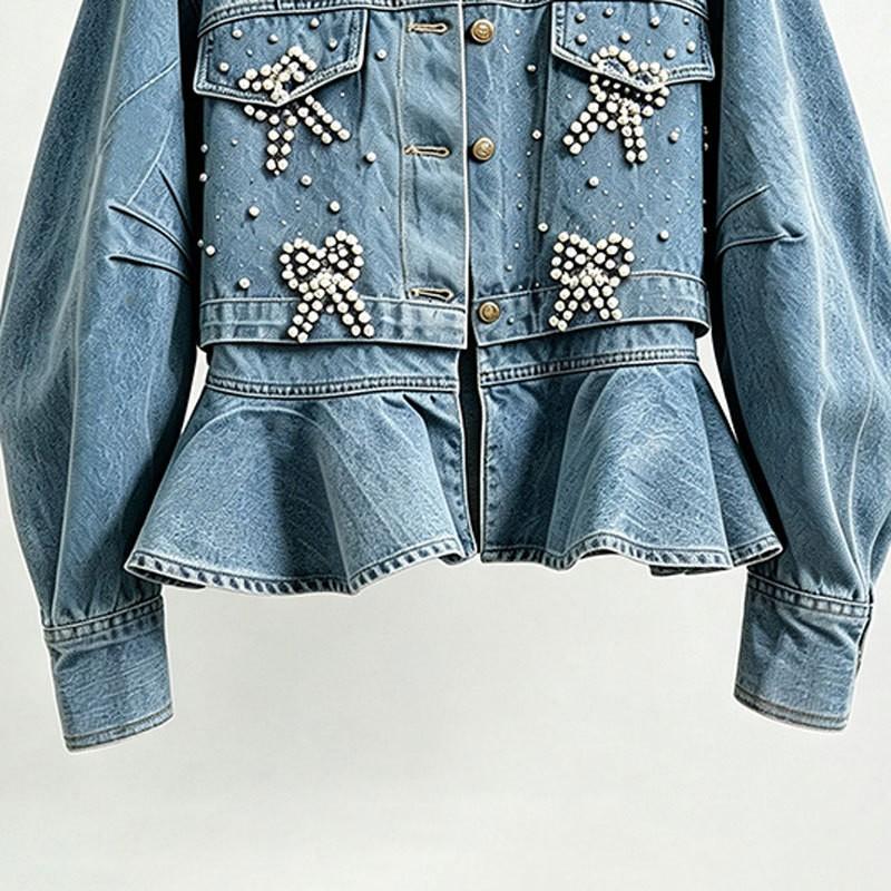 Womens Loose Denim Jacket 2026 Fall Heavy Beaded Rhinestone Streetwear Casual Outerwear