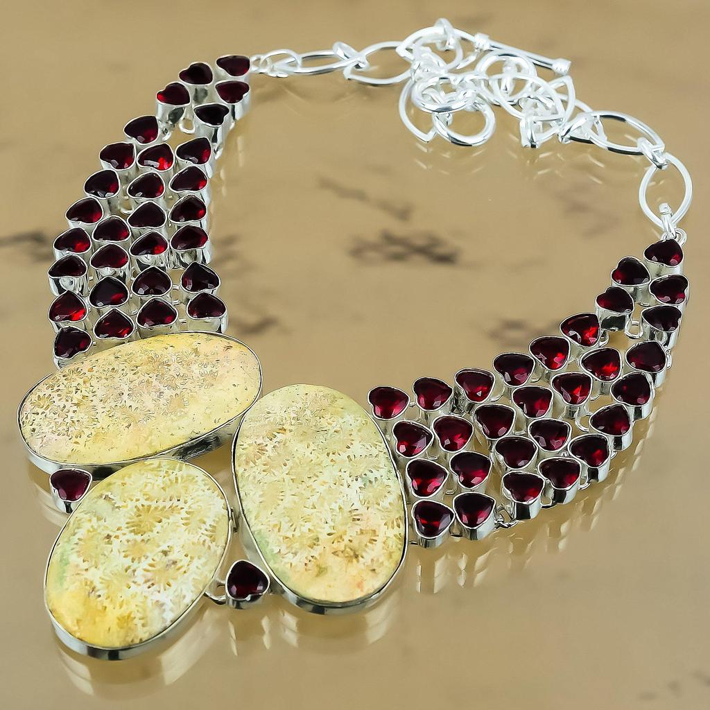 Gift For Her 925 Silver Natural Fossil Coral Gemstone Chain Adjustable Necklace
