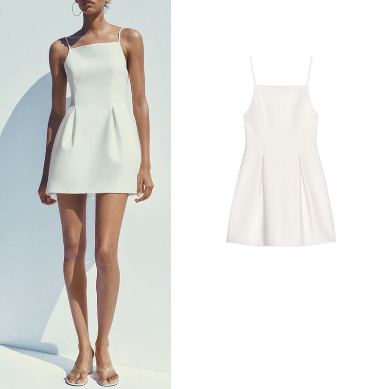 Summer New Product Women's Clothes Pleated Decoration Simple Camisole Straight Collar Sleeveless Short Version Dress 2361777