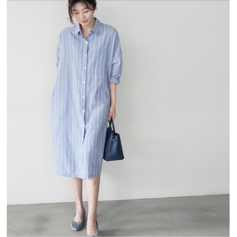 Spring and Autumn New Korean Version Versatile Loose Medium and Long Over Knee Long Sleeve Striped Shirt Skirt Women