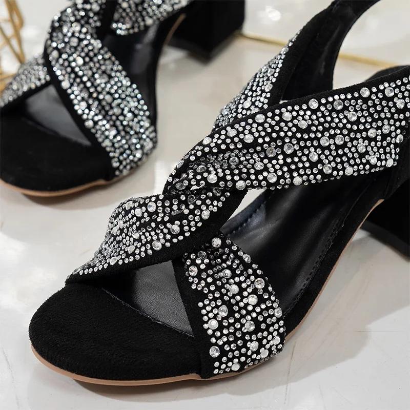 Fashion Luxury Design Rhinestone Cross Strap Sandals Women Thick High Heels Back Strap Gladiator Shoes Woman Party Black Sandalias Mujer