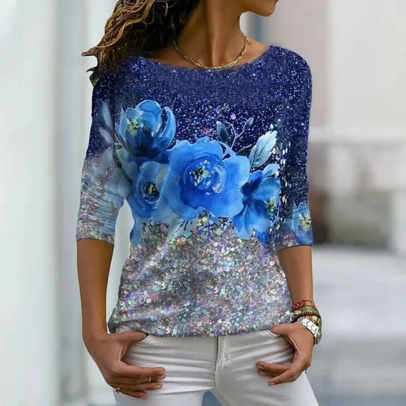 Autumn versatile long sleeved women's T-shirt with floral pattern printed regular retro casual O-Neck Bohemian multi-color top