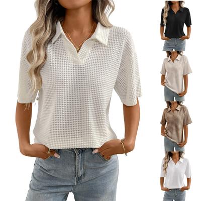Women's Collared Solid Color Knit Pullover Loose Short-sleeved T-shirt