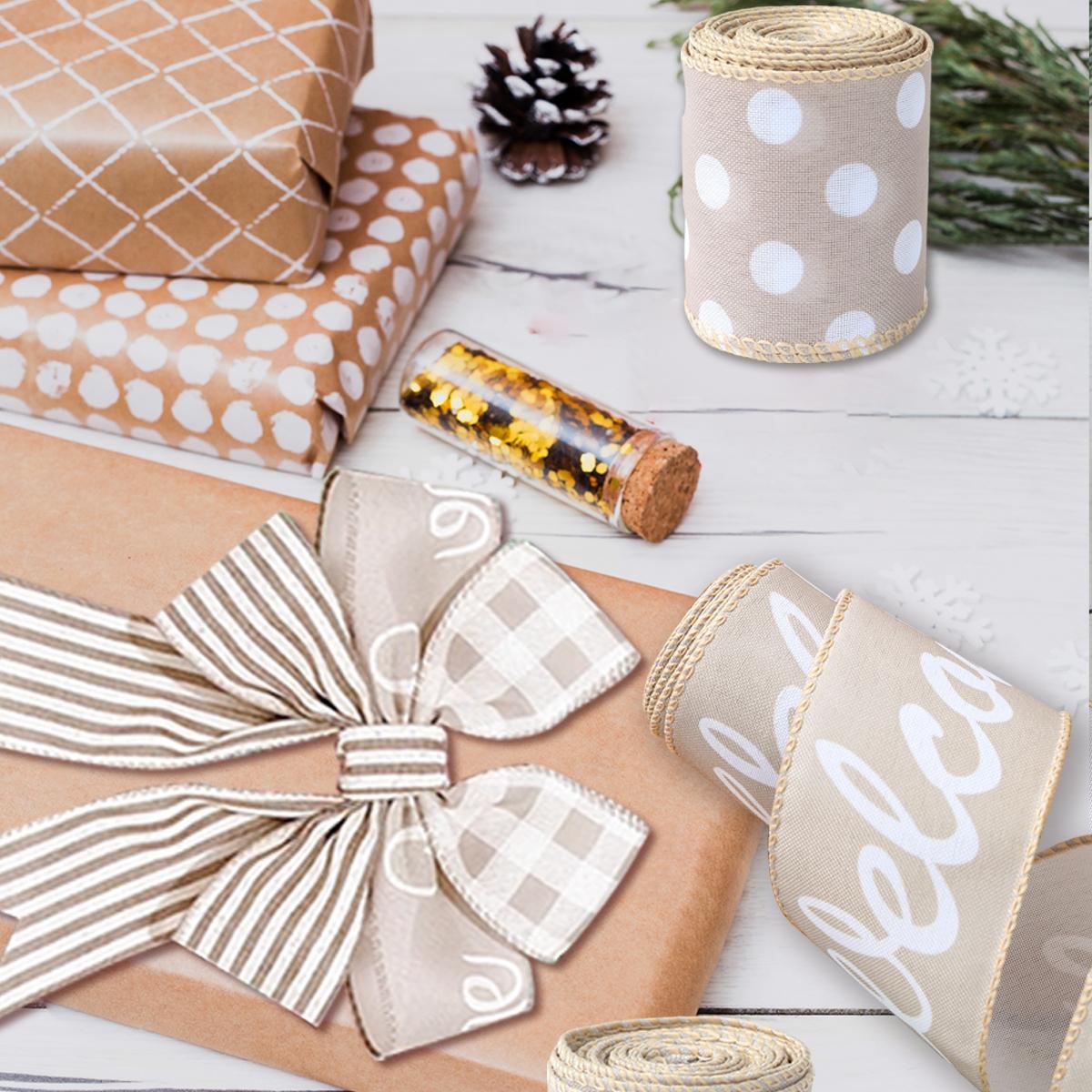 

Stripe Dot Buffalo Plaid Ribbon Wired Rustic Polyester Ribbon For Christmas Wreaths DIY Present Wrapping Floral Bow Craft Decor AS SHOWN