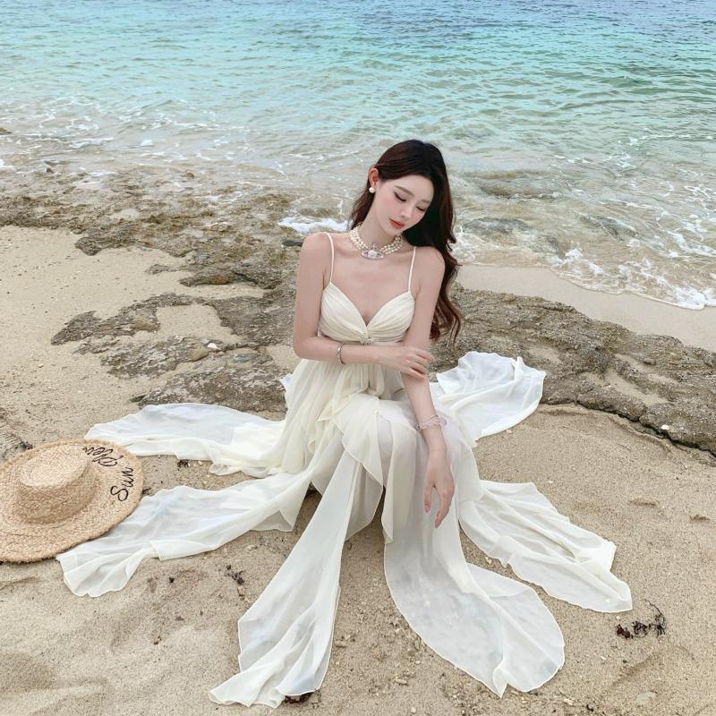 French Fairy Lotus Leaf Edge Suspender Dress Female Seaside Vacation Sexy Irregular Split Fairy Long Dress