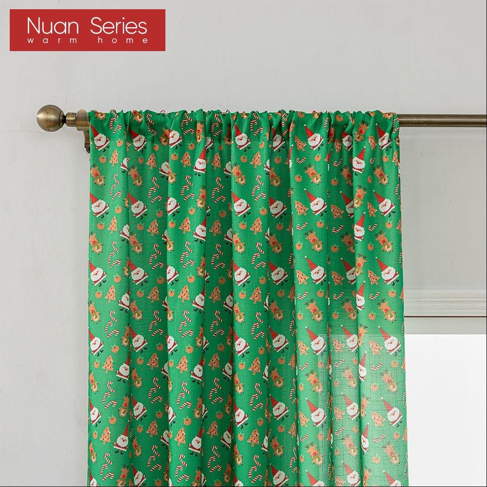 1PC Nuan Series Christmas Style Semi Blackout Curtains Santa Claus and Elk Pattern Green Curtains for Living Room Bedroom Balcony Window Home Decor
