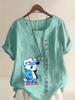 Women's Fashion Blue Bear Print Shot Sleeve T-shirt Loose Cotton Shirt Casual Loose Summer Blouse Tops Plus Size