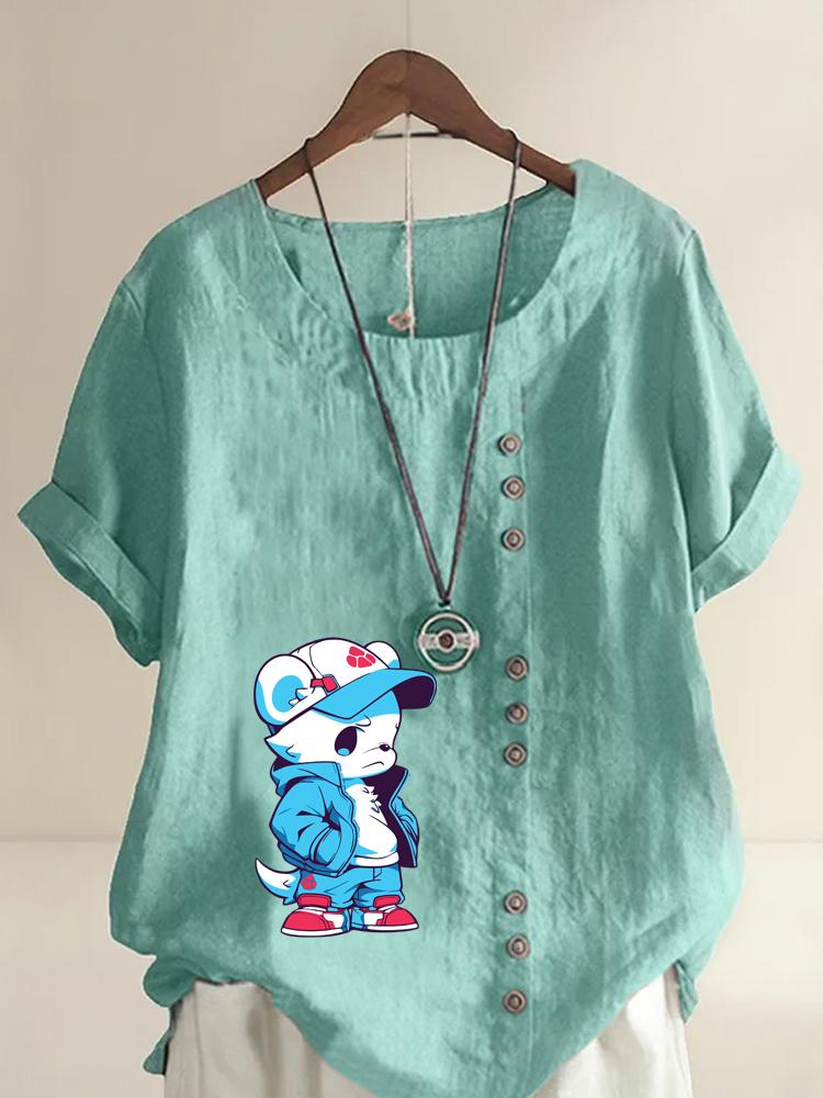 Women's Fashion Blue Bear Print Shot Sleeve T-shirt Loose Cotton Shirt Casual Loose Summer Blouse Tops Plus Size