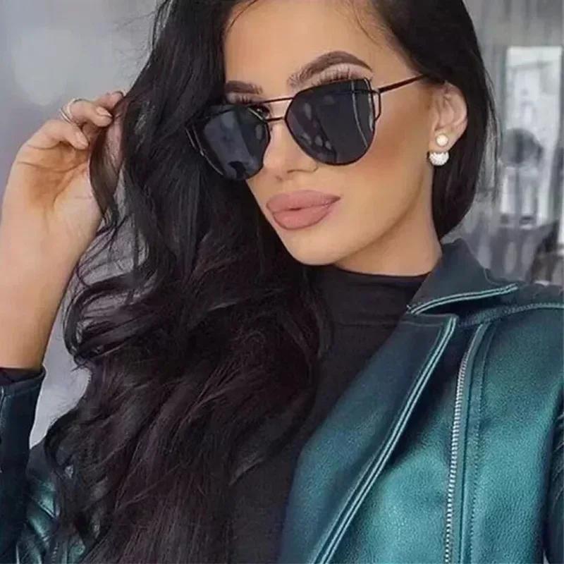 Vintage Cat Eye Sunglasses Rose Gold Mirror Woman's Sunglasses Metal Reflective Flat Lens Tourism Sunglasses Multi-color
