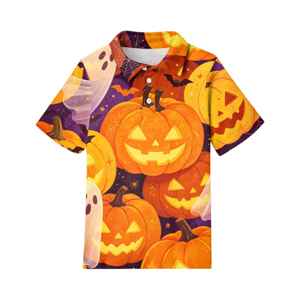Kids Halloween Print Polo Shirt Short Sleeve Casual Top with Button Collar for Boys and Girls Comfortable Fit Lightweight Fabric